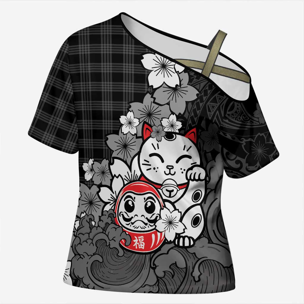 Black Palaka Hawaiian And Japanese Cross Shoulder Shirt Maneki Neko And Sakura Bloom