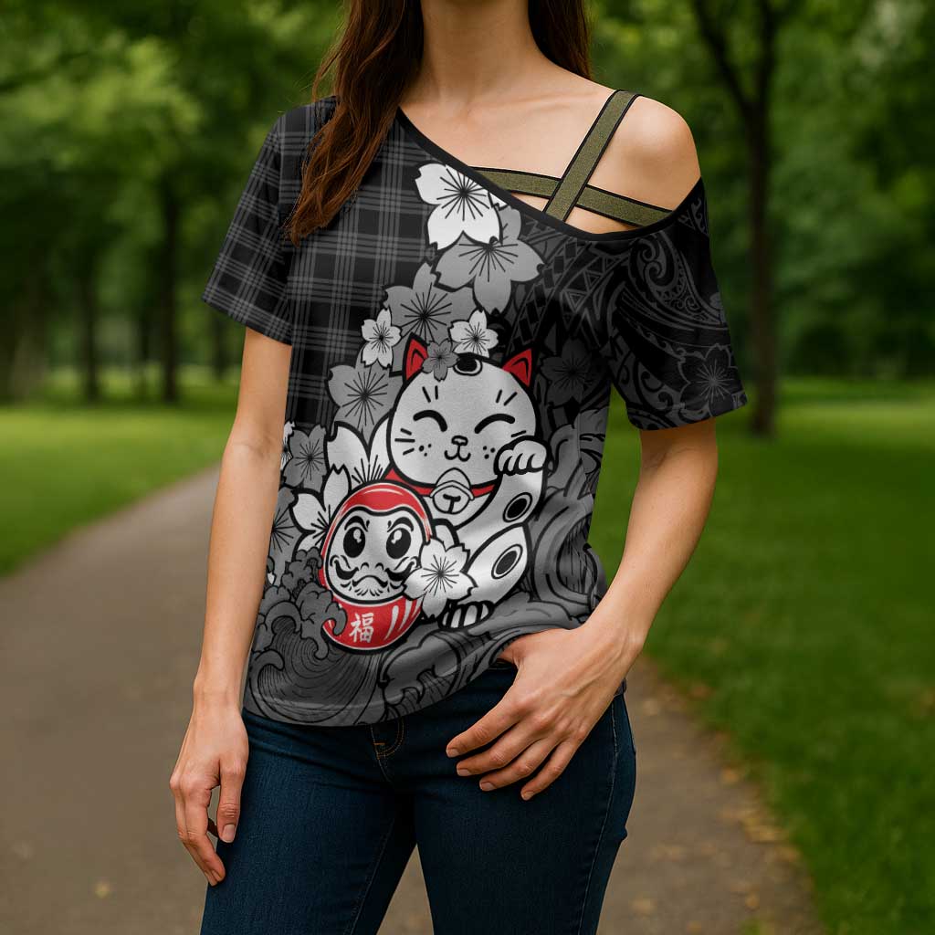 Black Palaka Hawaiian And Japanese Cross Shoulder Shirt Maneki Neko And Sakura Bloom