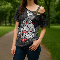 Black Palaka Hawaiian And Japanese Cross Shoulder Shirt Maneki Neko And Sakura Bloom