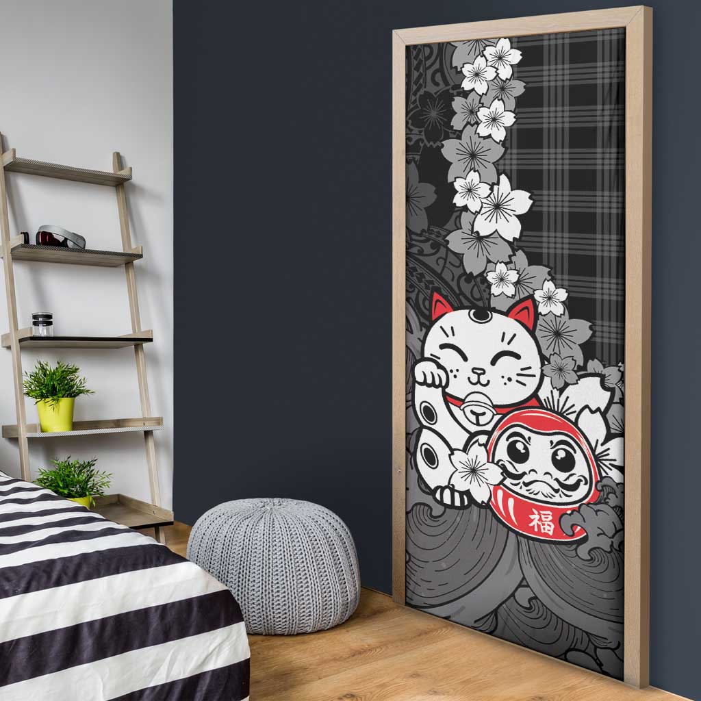 Black Palaka Hawaiian And Japanese Door Cover Maneki Neko And Sakura Bloom