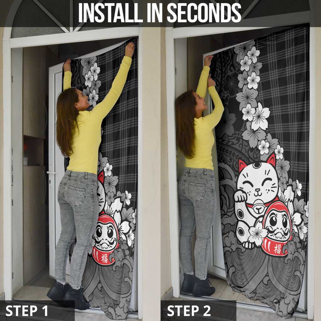 Black Palaka Hawaiian And Japanese Door Cover Maneki Neko And Sakura Bloom