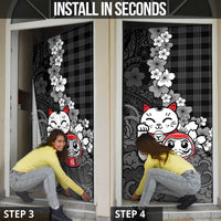 Black Palaka Hawaiian And Japanese Door Cover Maneki Neko And Sakura Bloom
