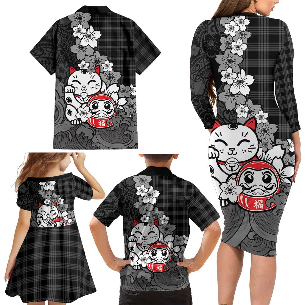 Black Palaka Hawaiian And Japanese Family Matching Long Sleeve Bodycon Dress and Hawaiian Shirt Maneki Neko And Sakura Bloom