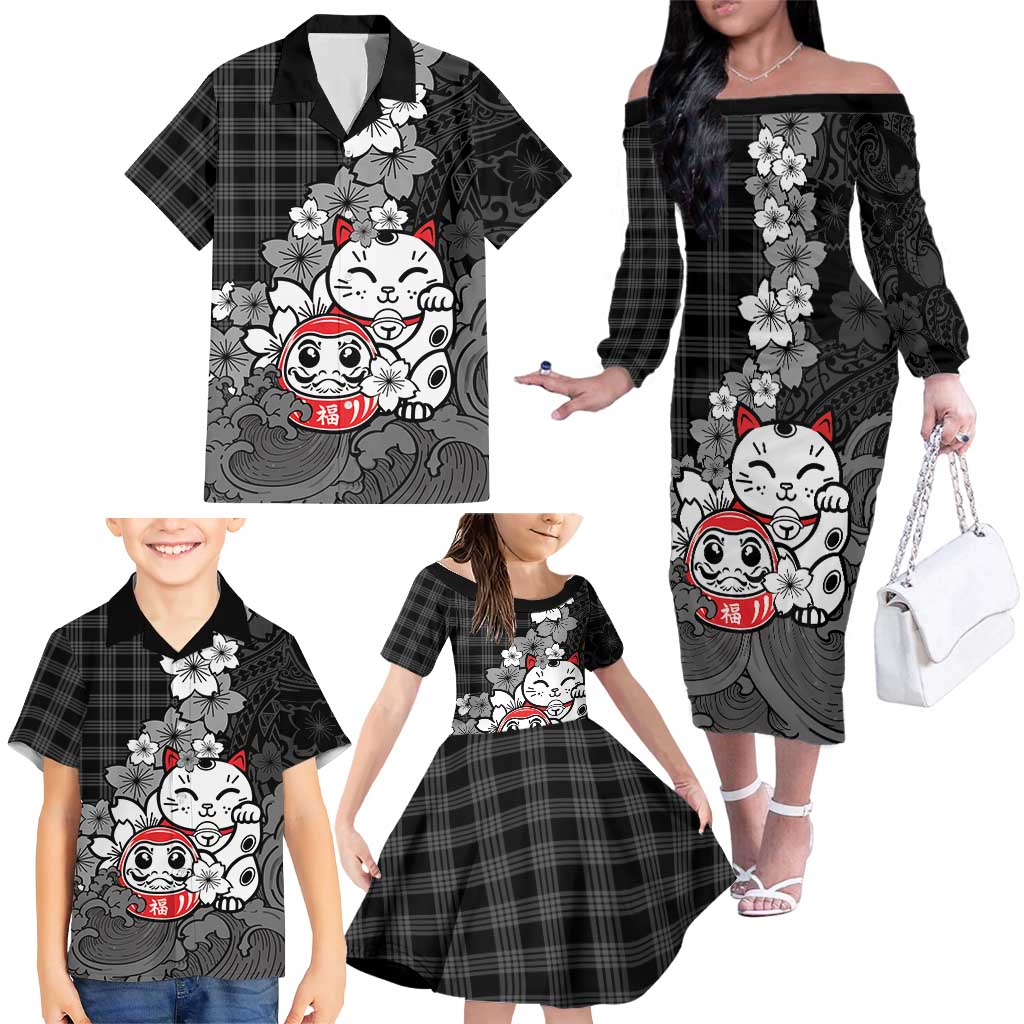 Black Palaka Hawaiian And Japanese Family Matching Off The Shoulder Long Sleeve Dress and Hawaiian Shirt Maneki Neko And Sakura Bloom