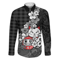 Black Palaka Hawaiian And Japanese Family Matching Off The Shoulder Long Sleeve Dress and Hawaiian Shirt Maneki Neko And Sakura Bloom