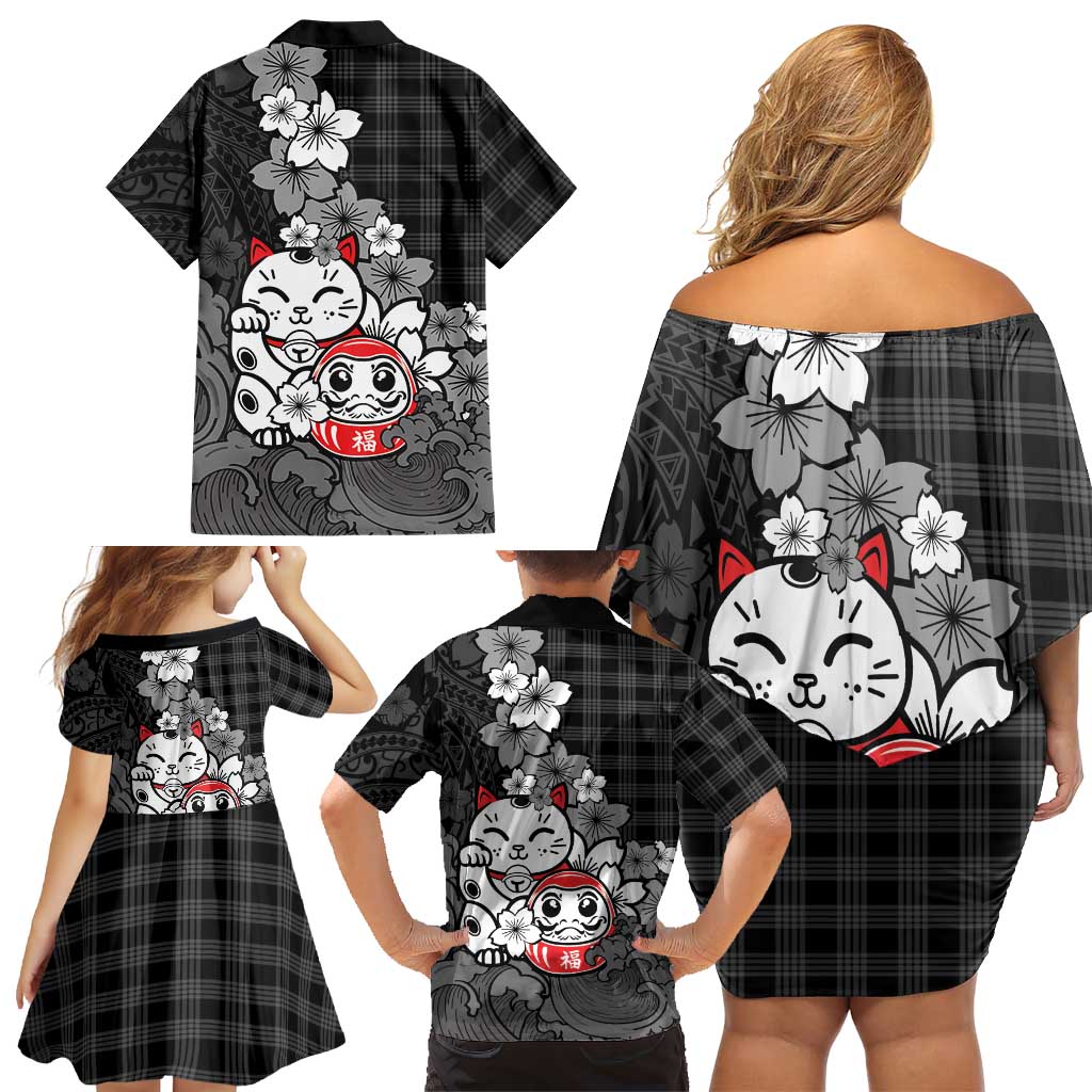 Black Palaka Hawaiian And Japanese Family Matching Off Shoulder Short Dress and Hawaiian Shirt Maneki Neko And Sakura Bloom
