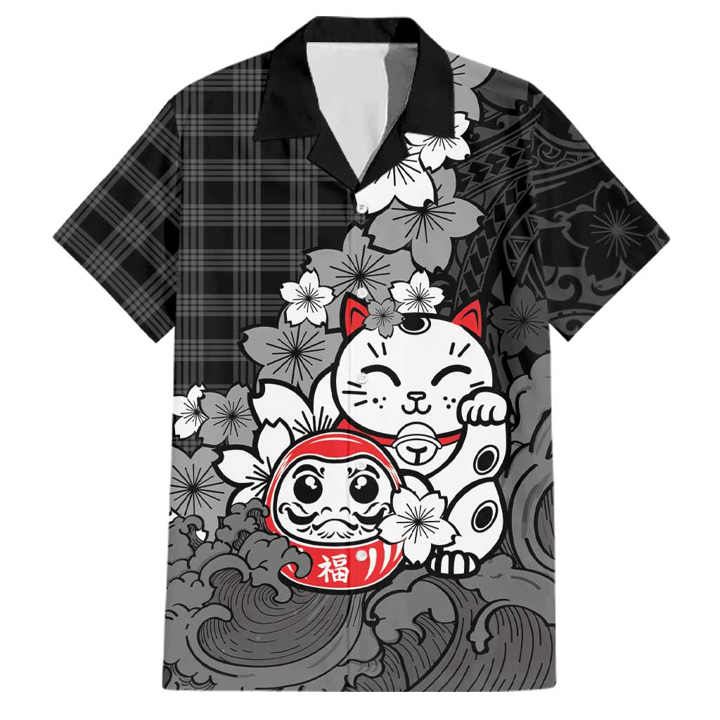 Black Palaka Hawaiian And Japanese Family Matching Off Shoulder Short Dress and Hawaiian Shirt Maneki Neko And Sakura Bloom