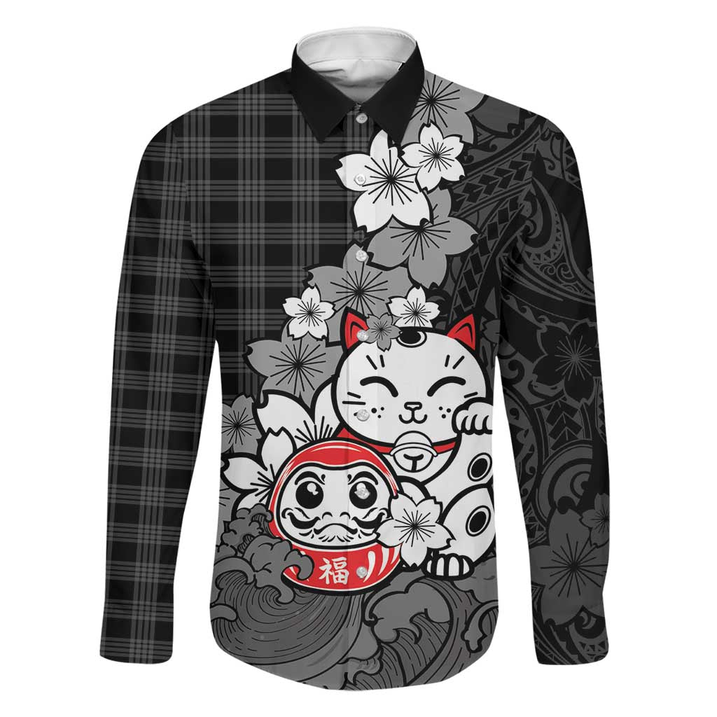Black Palaka Hawaiian And Japanese Family Matching Puletasi and Hawaiian Shirt Maneki Neko And Sakura Bloom