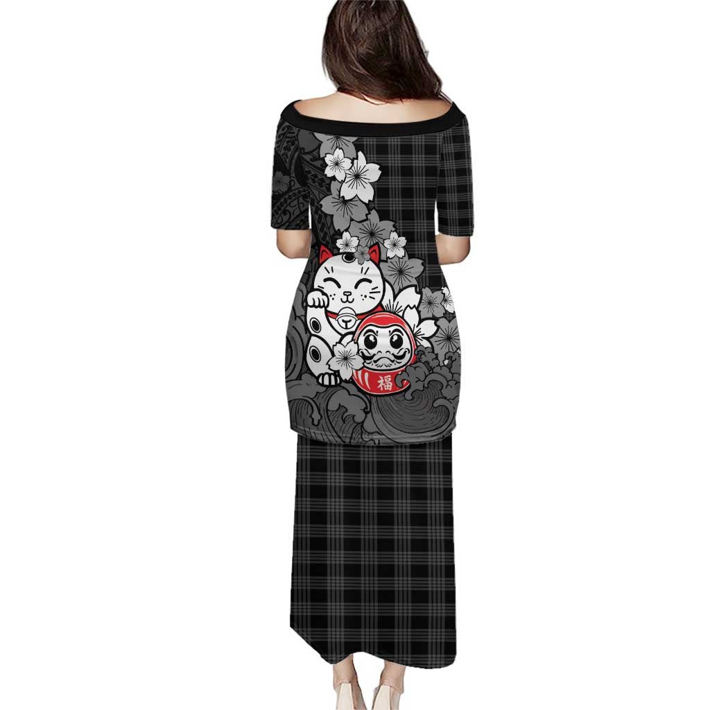 Black Palaka Hawaiian And Japanese Family Matching Puletasi and Hawaiian Shirt Maneki Neko And Sakura Bloom