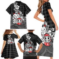 Black Palaka Hawaiian And Japanese Family Matching Short Sleeve Bodycon Dress and Hawaiian Shirt Maneki Neko And Sakura Bloom