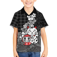 Black Palaka Hawaiian And Japanese Family Matching Short Sleeve Bodycon Dress and Hawaiian Shirt Maneki Neko And Sakura Bloom