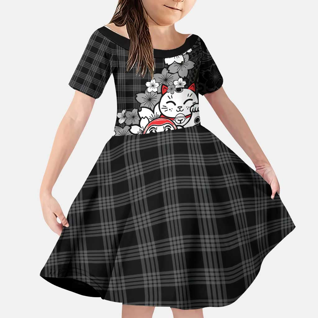 Black Palaka Hawaiian And Japanese Family Matching Summer Maxi Dress and Hawaiian Shirt Maneki Neko And Sakura Bloom