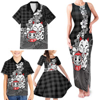 Black Palaka Hawaiian And Japanese Family Matching Tank Maxi Dress and Hawaiian Shirt Maneki Neko And Sakura Bloom