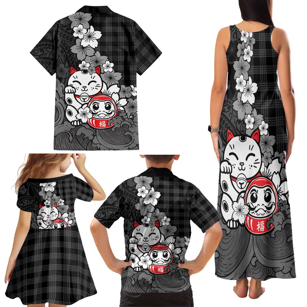 Black Palaka Hawaiian And Japanese Family Matching Tank Maxi Dress and Hawaiian Shirt Maneki Neko And Sakura Bloom