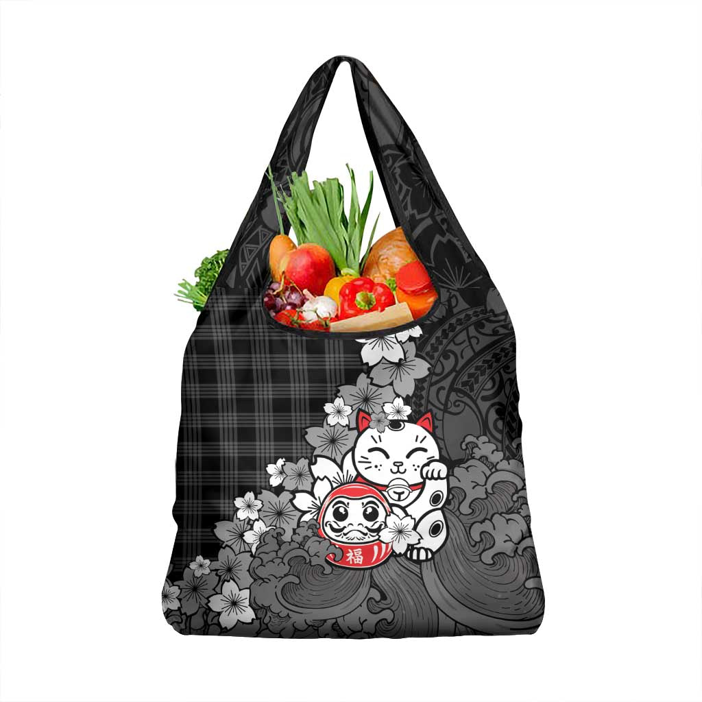 Black Palaka Hawaiian And Japanese Grocery Bag Maneki Neko And Sakura Bloom DT05 1-pack One Size Black - Polynesian Pride