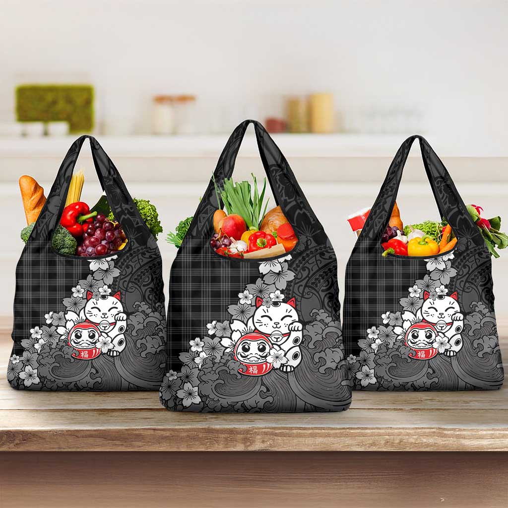 Black Palaka Hawaiian And Japanese Grocery Bag Maneki Neko And Sakura Bloom DT05 3-pack One Size Black - Polynesian Pride