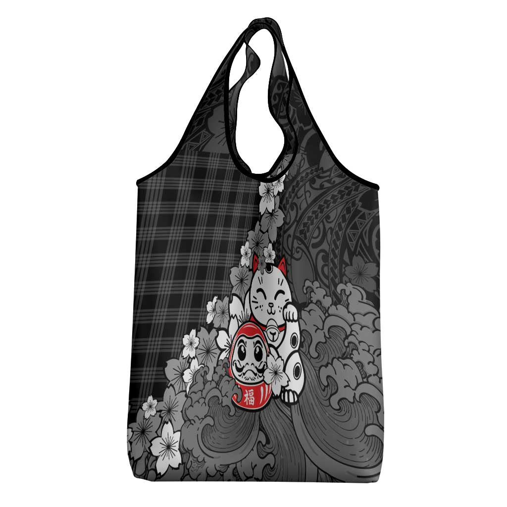 Black Palaka Hawaiian And Japanese Grocery Bag Maneki Neko And Sakura Bloom DT05 - Polynesian Pride