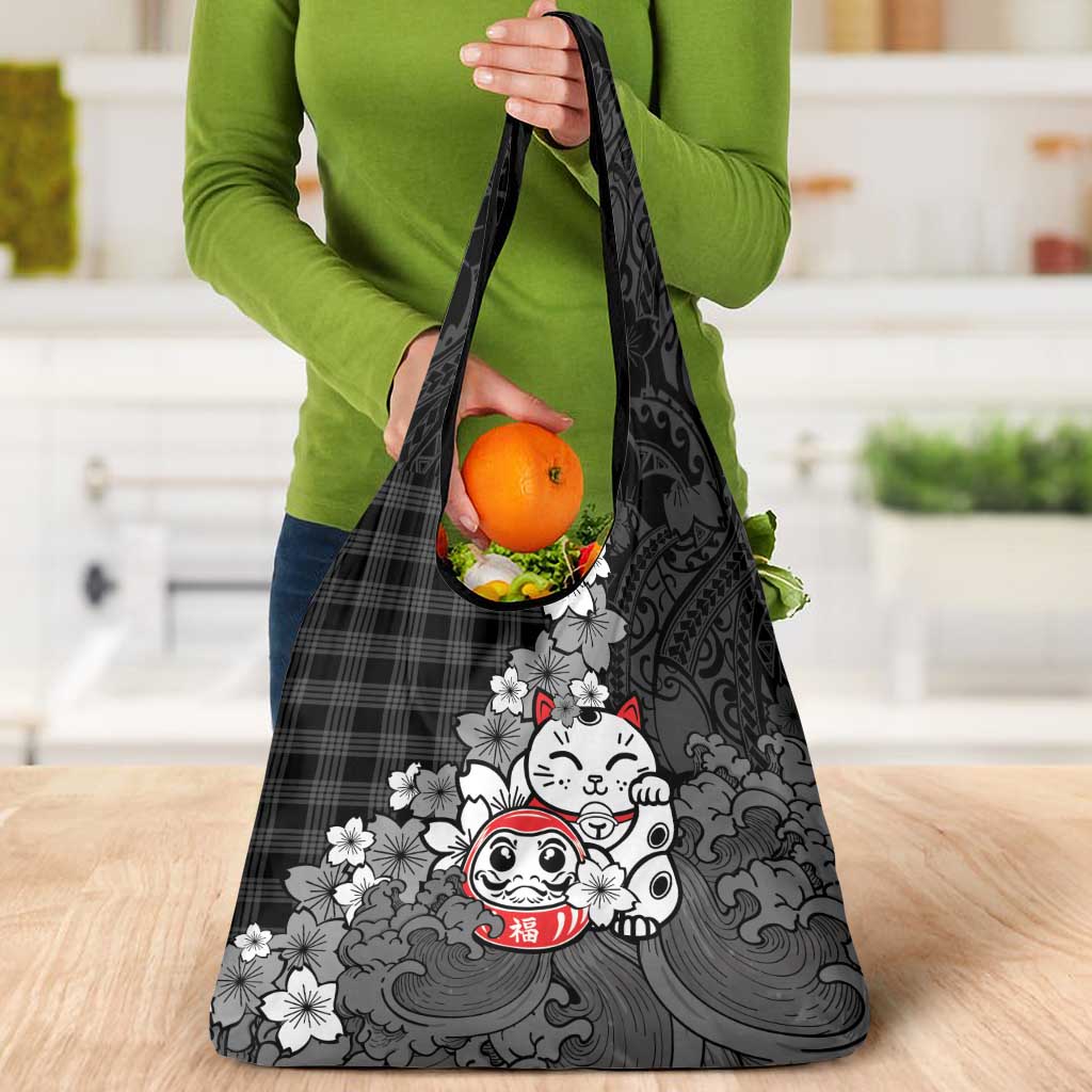 Black Palaka Hawaiian And Japanese Grocery Bag Maneki Neko And Sakura Bloom DT05 - Polynesian Pride