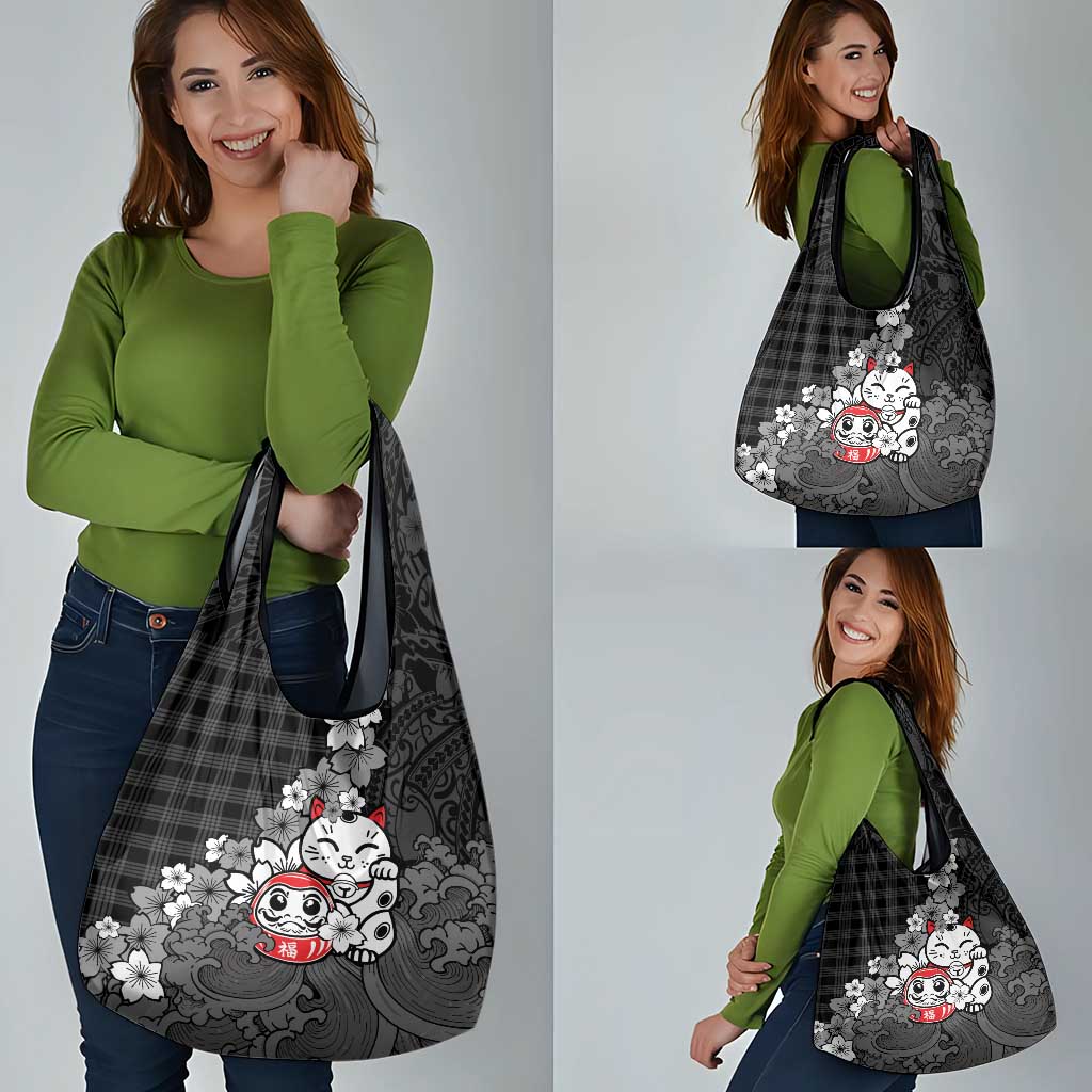 Black Palaka Hawaiian And Japanese Grocery Bag Maneki Neko And Sakura Bloom DT05 - Polynesian Pride