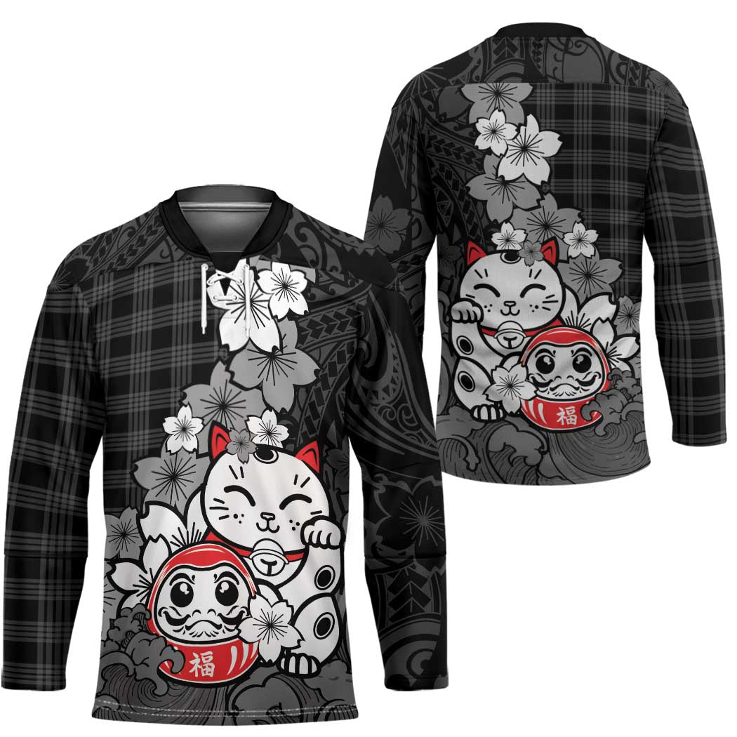 Black Palaka Hawaiian And Japanese Hockey Jersey Maneki Neko And Sakura Bloom