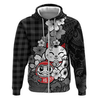 Black Palaka Hawaiian And Japanese Hoodie Maneki Neko And Sakura Bloom