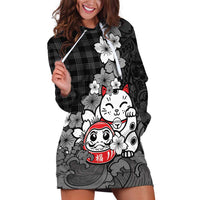 Black Palaka Hawaiian And Japanese Hoodie Dress Maneki Neko And Sakura Bloom DT05 Black - Polynesian Pride