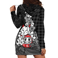 Black Palaka Hawaiian And Japanese Hoodie Dress Maneki Neko And Sakura Bloom DT05 - Polynesian Pride