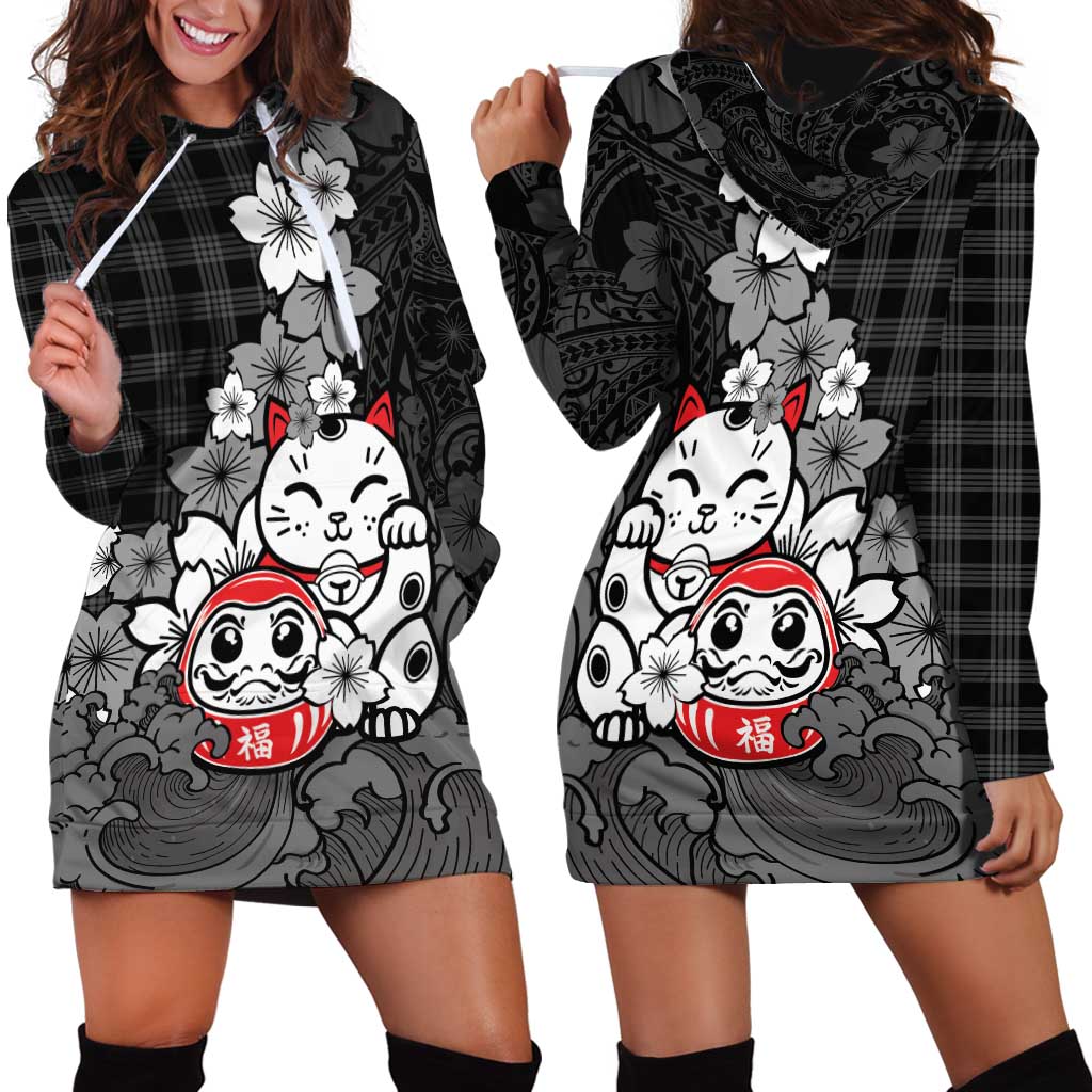 Black Palaka Hawaiian And Japanese Hoodie Dress Maneki Neko And Sakura Bloom DT05 - Polynesian Pride