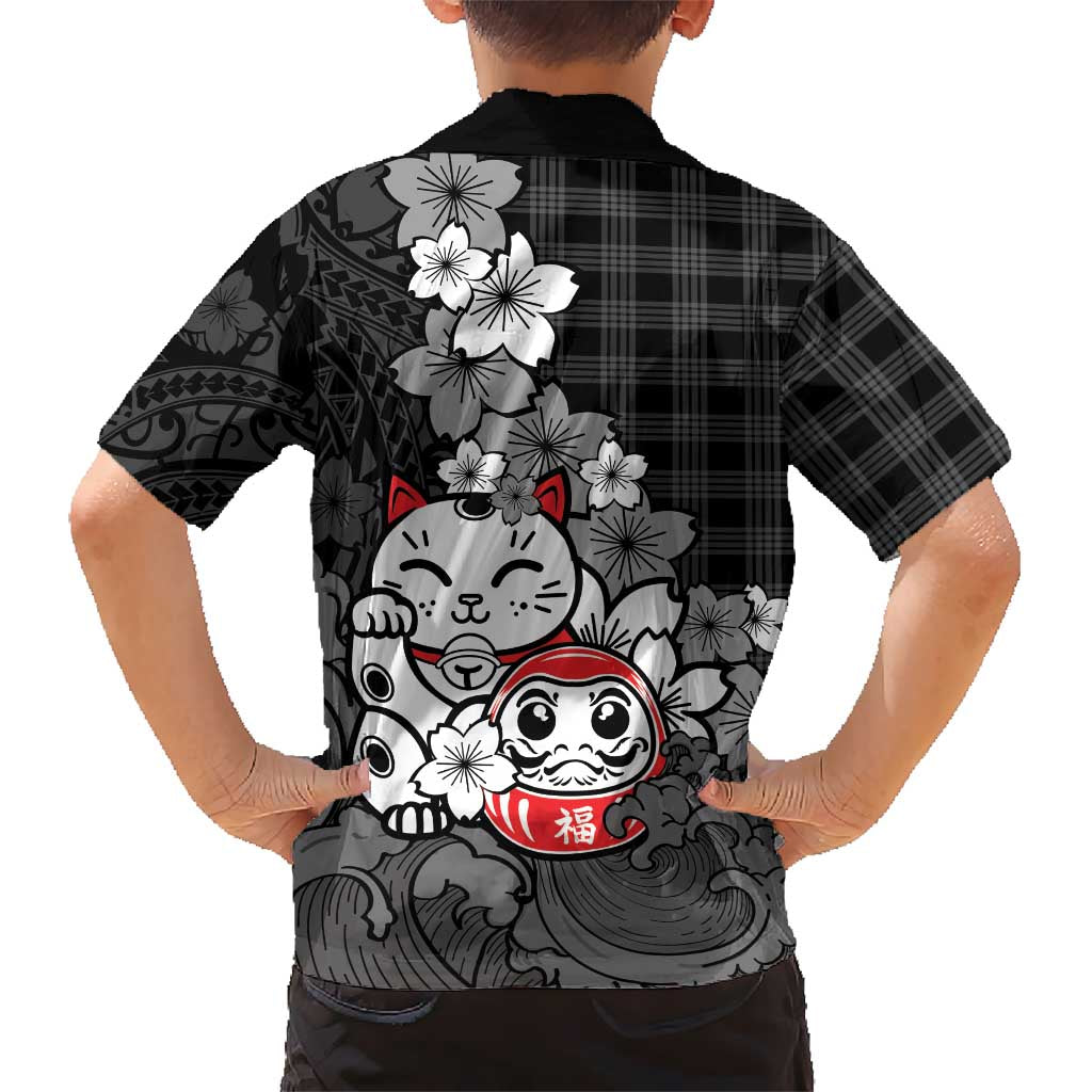 Black Palaka Hawaiian And Japanese Kid Hawaiian Shirt Maneki Neko And Sakura Bloom