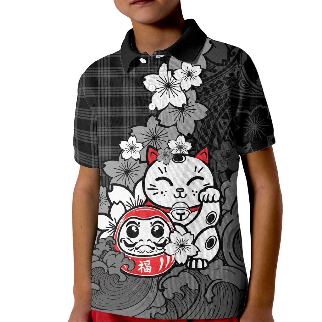 Black Palaka Hawaiian And Japanese Kid Polo Shirt Maneki Neko And Sakura Bloom