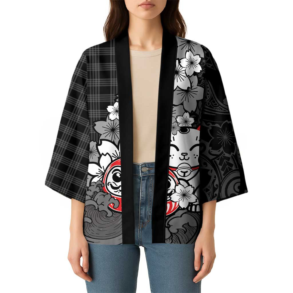 Black Palaka Hawaiian And Japanese Kimono Maneki Neko And Sakura Bloom