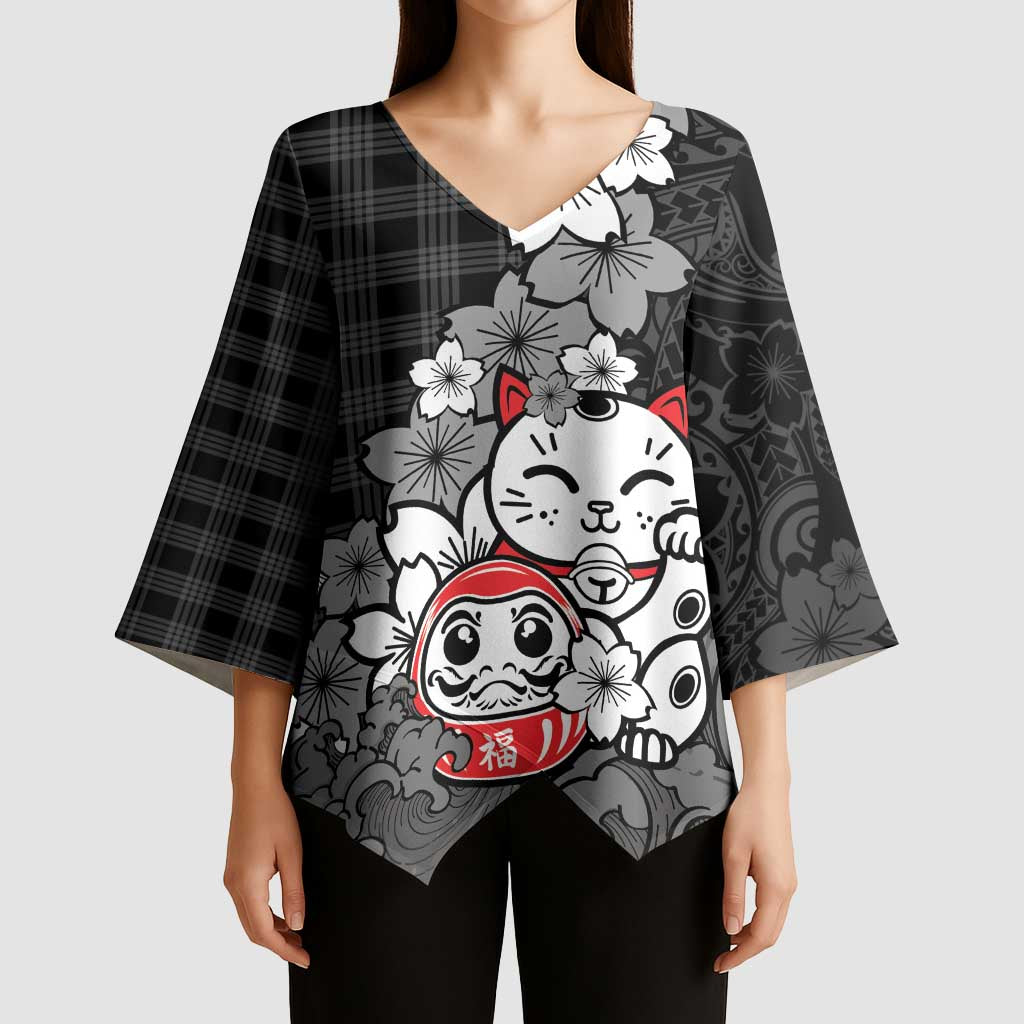 Black Palaka Hawaiian And Japanese Kimono Sleeve Blouse Maneki Neko And Sakura Bloom