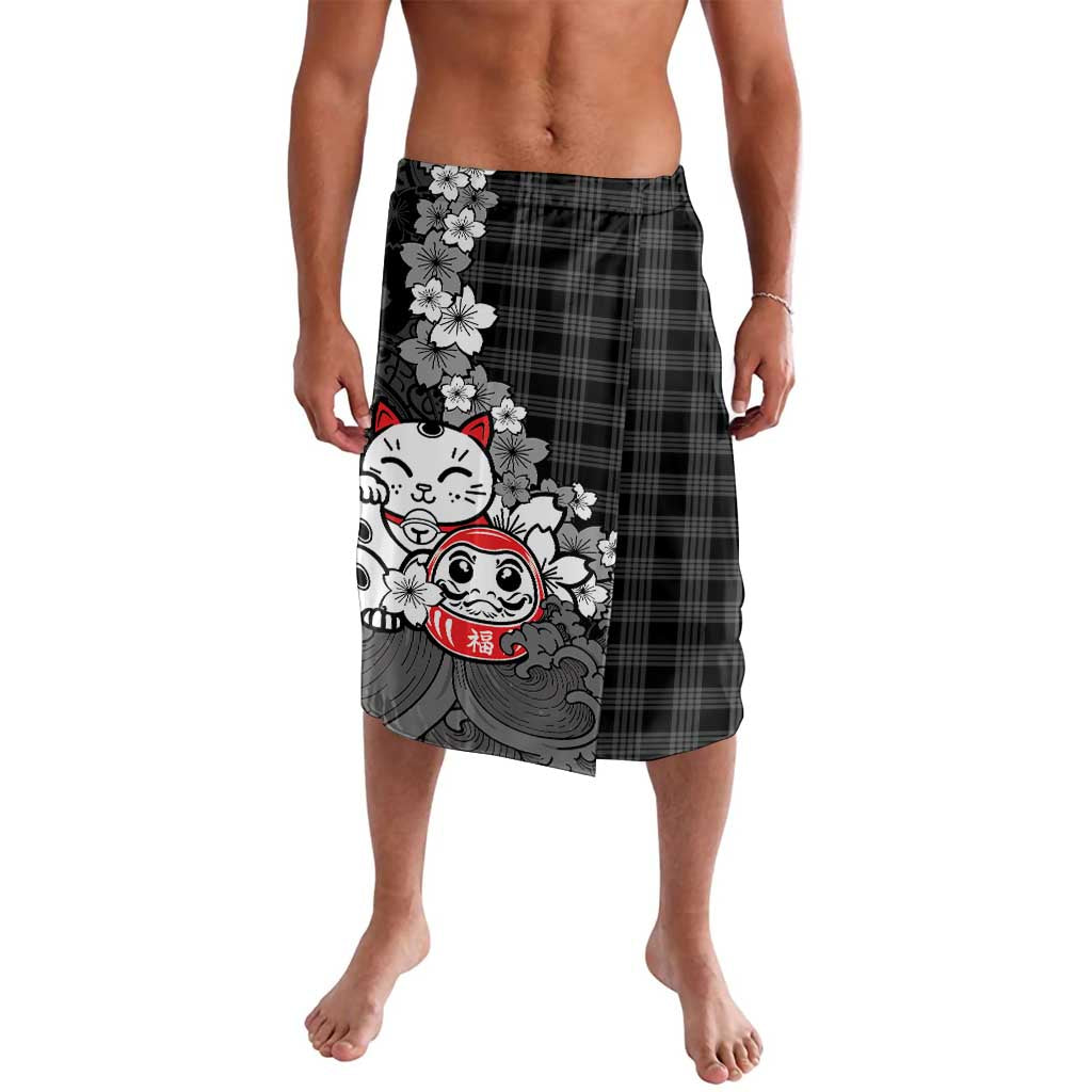 Black Palaka Hawaiian And Japanese Lavalava Maneki Neko And Sakura Bloom