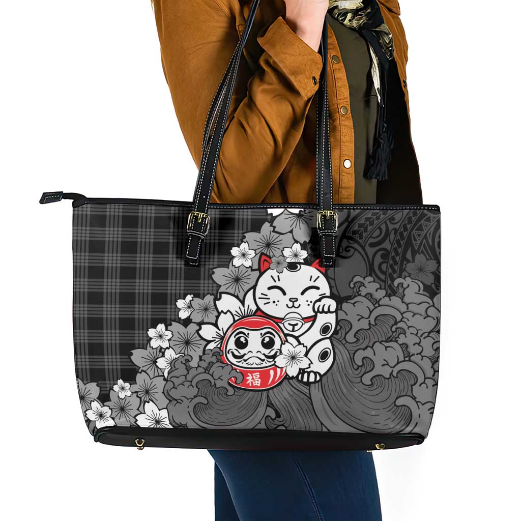 Black Palaka Hawaiian And Japanese Leather Tote Bag Maneki Neko And Sakura Bloom