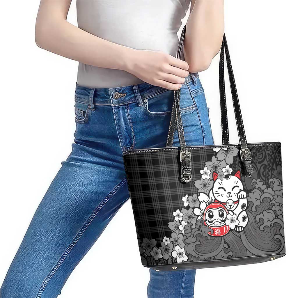 Black Palaka Hawaiian And Japanese Leather Tote Bag Maneki Neko And Sakura Bloom