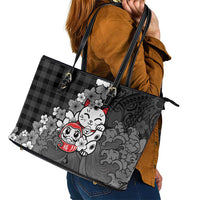 Black Palaka Hawaiian And Japanese Leather Tote Bag Maneki Neko And Sakura Bloom