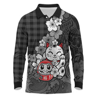 Black Palaka Hawaiian And Japanese Long Sleeve Polo Shirt Maneki Neko And Sakura Bloom