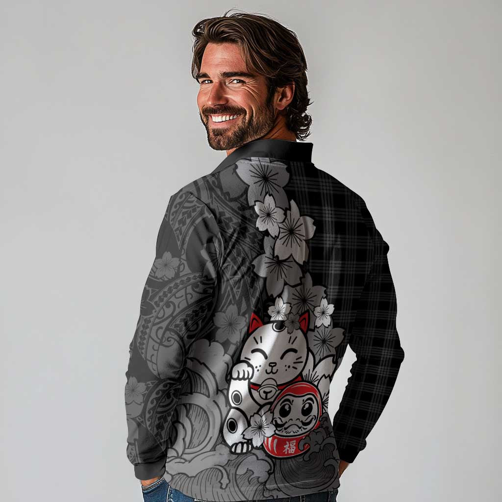 Black Palaka Hawaiian And Japanese Long Sleeve Polo Shirt Maneki Neko And Sakura Bloom