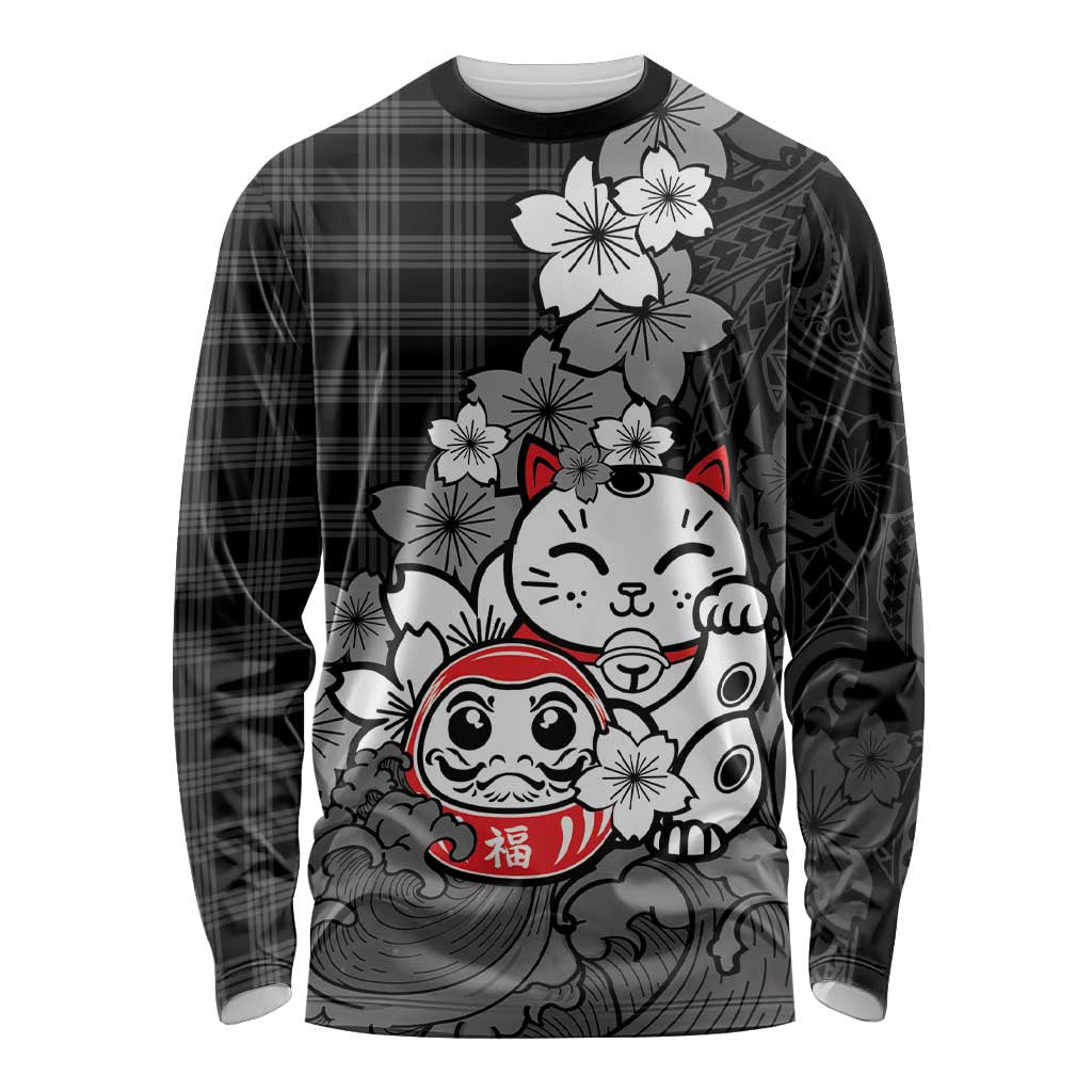 Black Palaka Hawaiian And Japanese Long Sleeve Shirt Maneki Neko And Sakura Bloom
