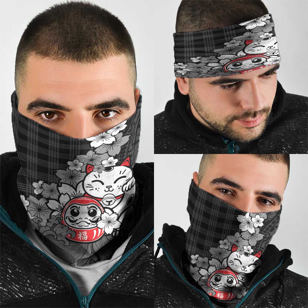 Black Palaka Hawaiian And Japanese Neck Gaiter Maneki Neko And Sakura Bloom DT05 - Polynesian Pride