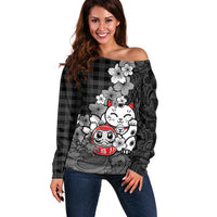 Black Palaka Hawaiian And Japanese Off Shoulder Sweater Maneki Neko And Sakura Bloom DT05 Women Black - Polynesian Pride