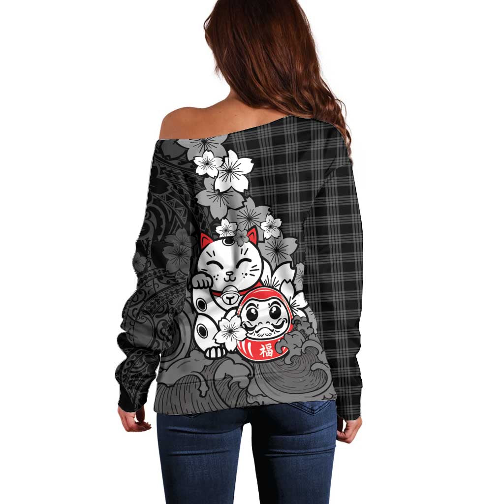 Black Palaka Hawaiian And Japanese Off Shoulder Sweater Maneki Neko And Sakura Bloom DT05 - Polynesian Pride