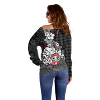 Black Palaka Hawaiian And Japanese Off Shoulder Sweater Maneki Neko And Sakura Bloom DT05 - Polynesian Pride