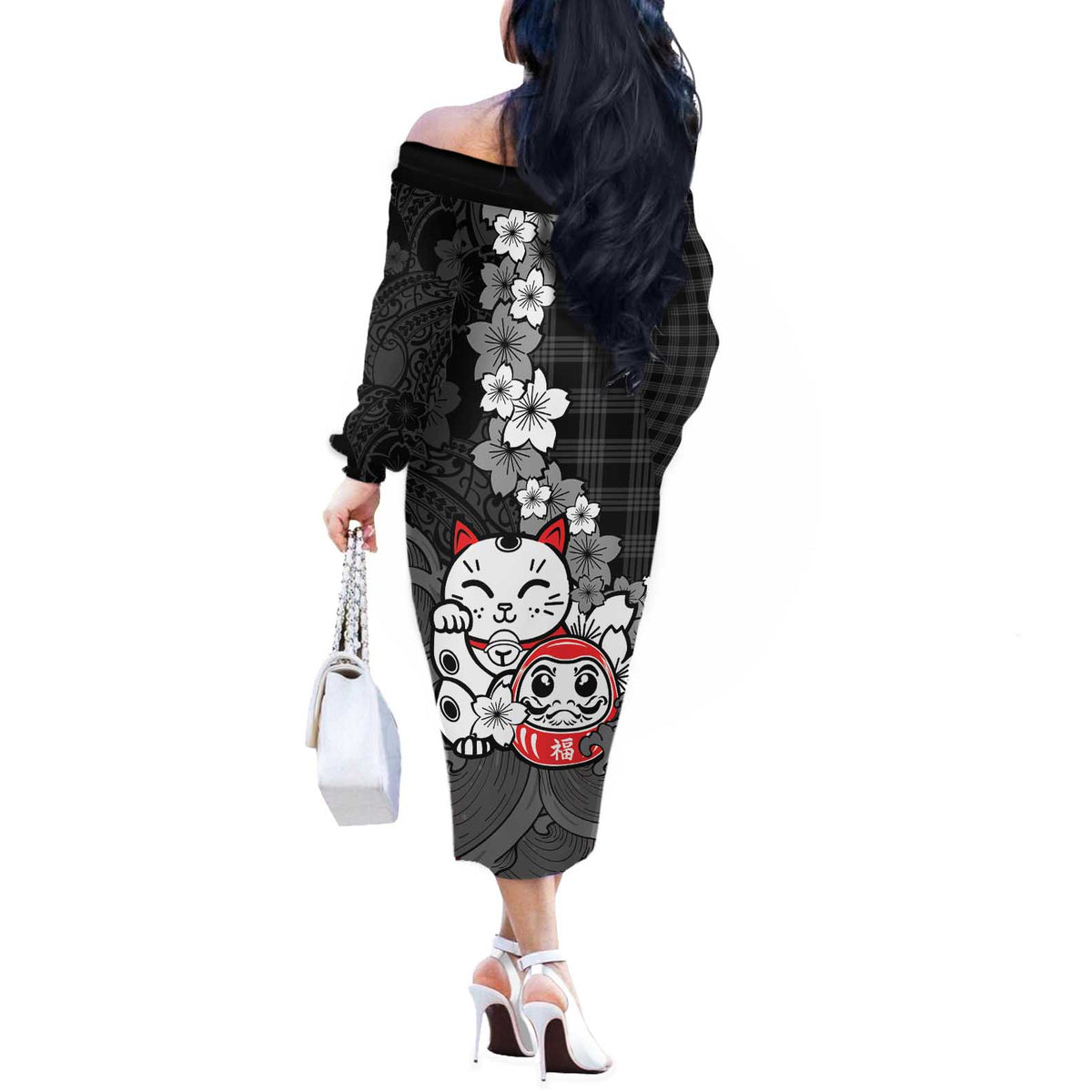 Black Palaka Hawaiian And Japanese Off The Shoulder Long Sleeve Dress Maneki Neko And Sakura Bloom