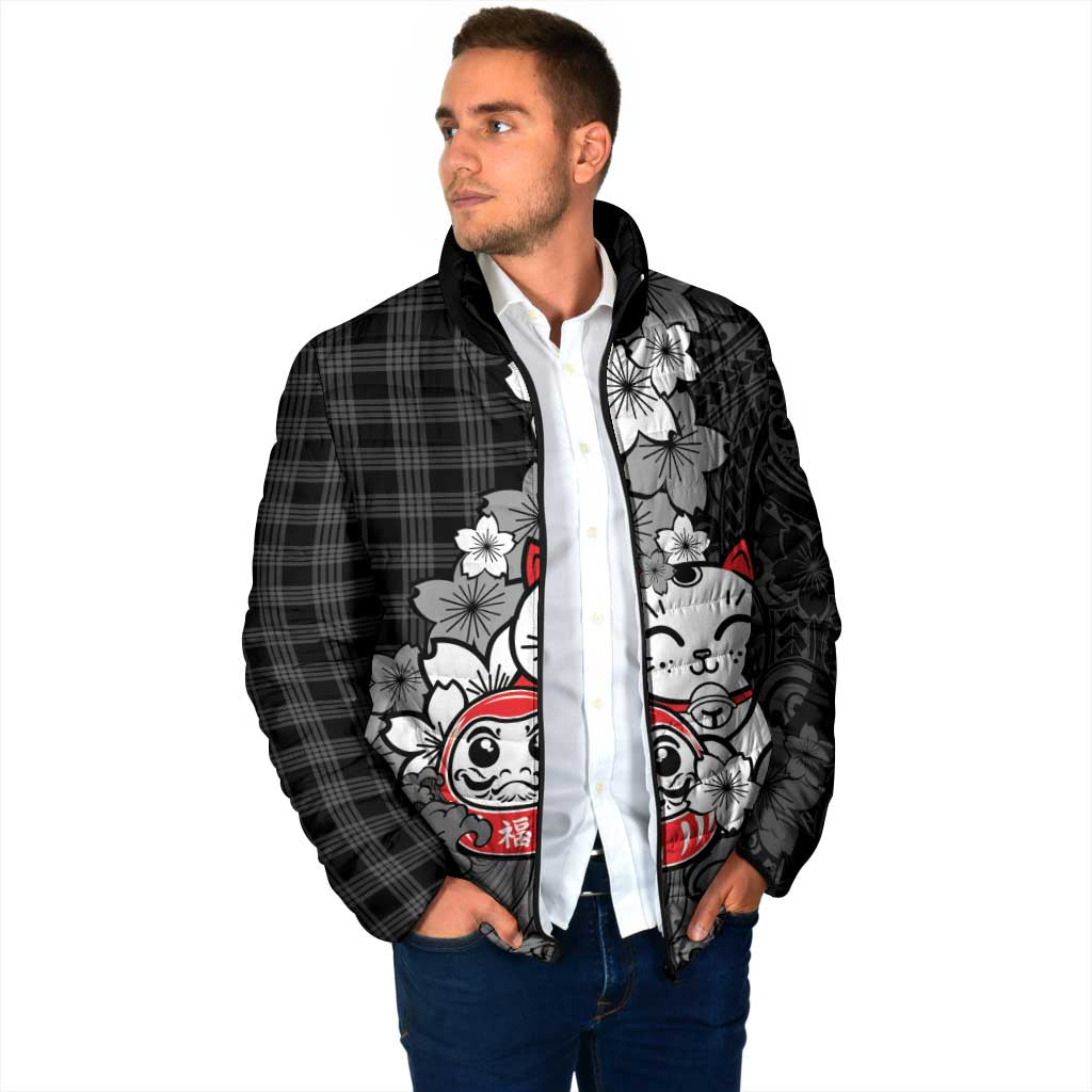 Black Palaka Hawaiian And Japanese Padded Jacket Maneki Neko And Sakura Bloom