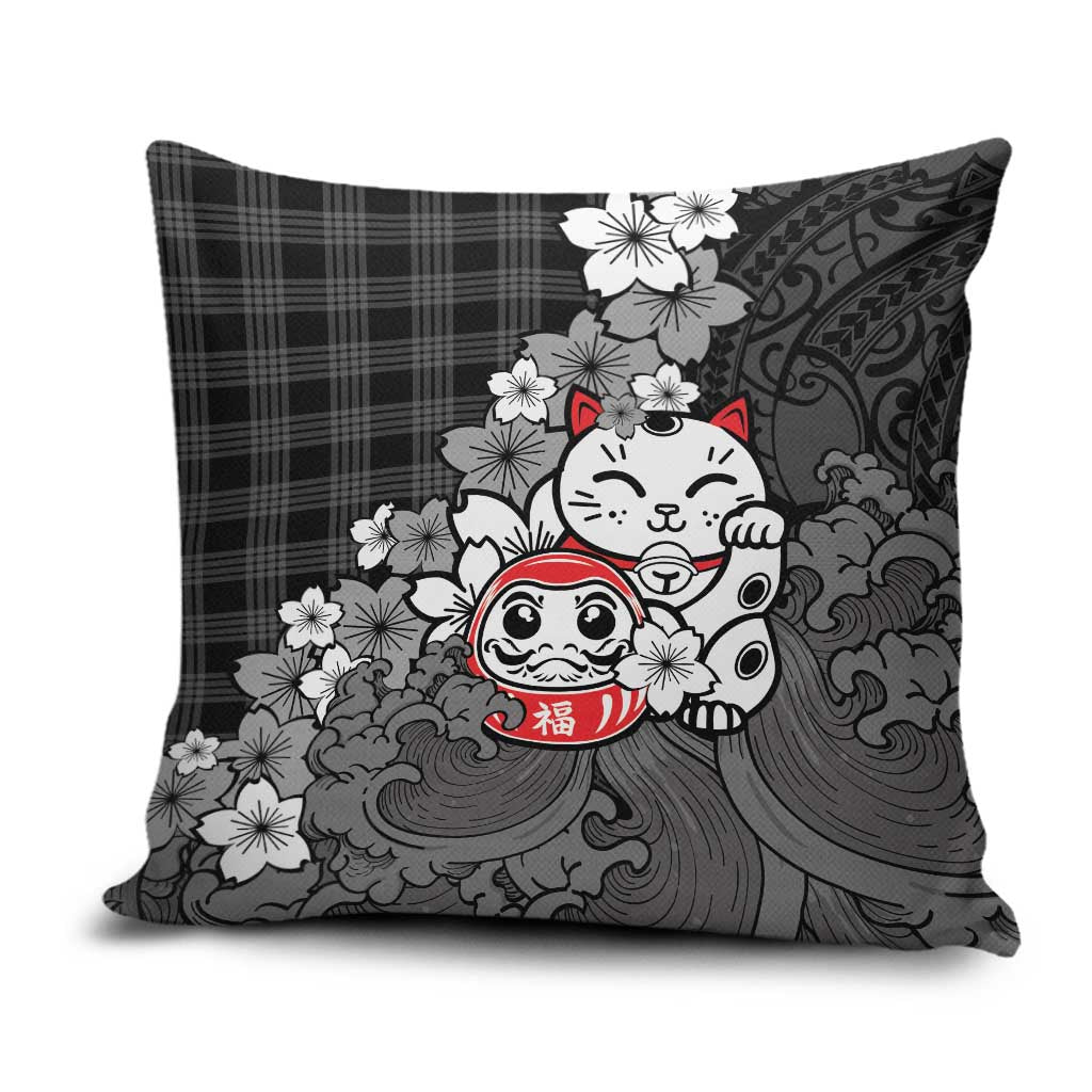 Black Palaka Hawaiian And Japanese Pillow Cover Maneki Neko And Sakura Bloom DT05 Black - Polynesian Pride