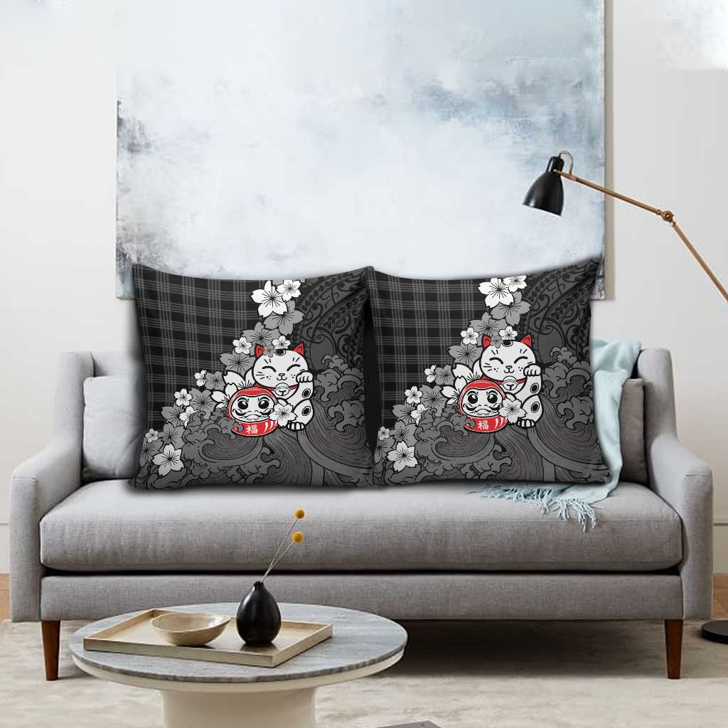 Black Palaka Hawaiian And Japanese Pillow Cover Maneki Neko And Sakura Bloom DT05 - Polynesian Pride