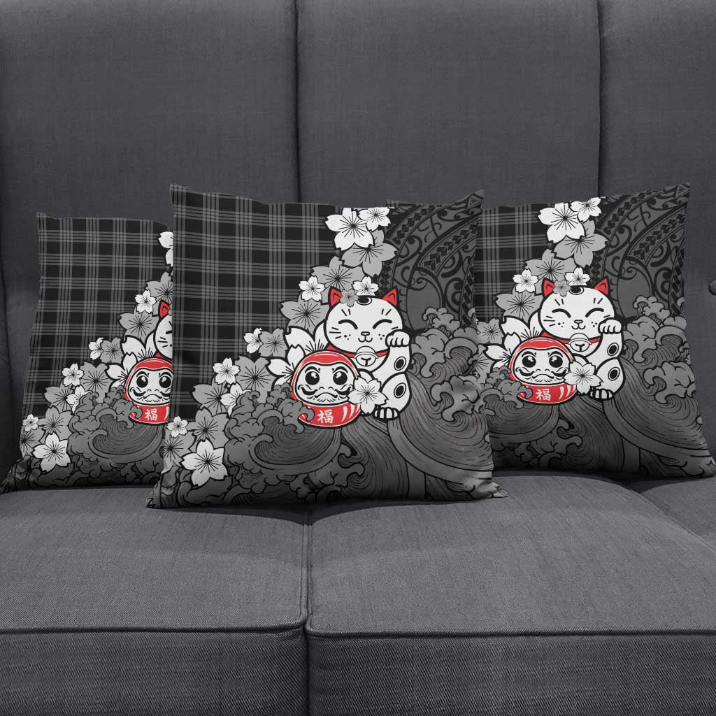 Black Palaka Hawaiian And Japanese Pillow Cover Maneki Neko And Sakura Bloom DT05 - Polynesian Pride
