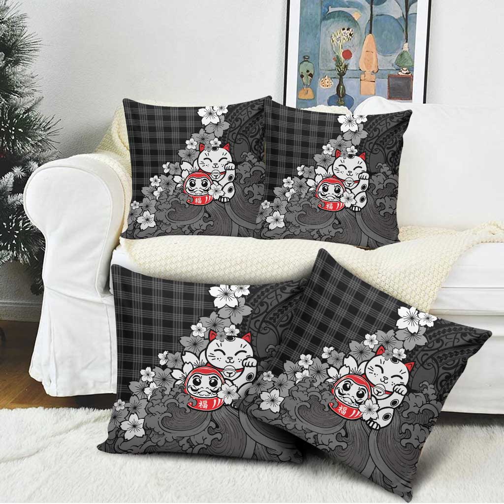 Black Palaka Hawaiian And Japanese Pillow Cover Maneki Neko And Sakura Bloom DT05 - Polynesian Pride