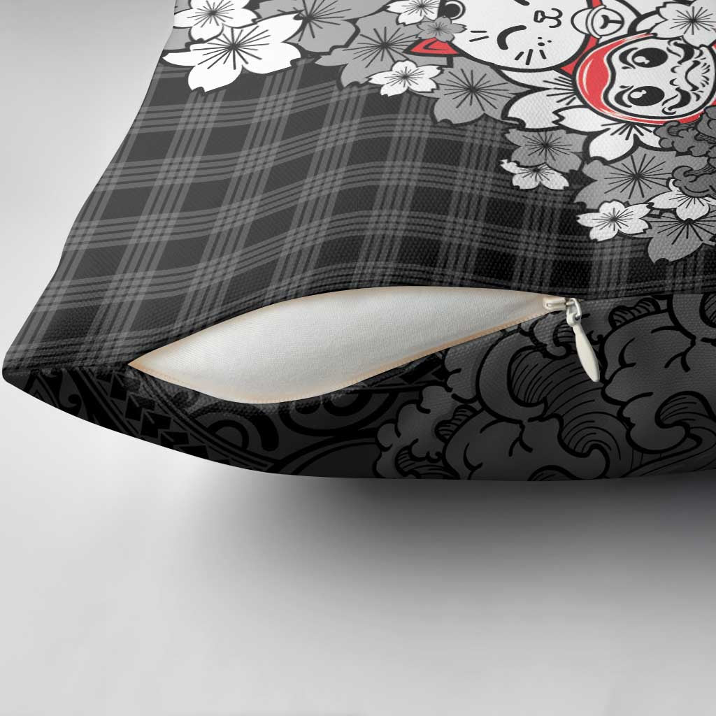 Black Palaka Hawaiian And Japanese Pillow Cover Maneki Neko And Sakura Bloom DT05 - Polynesian Pride